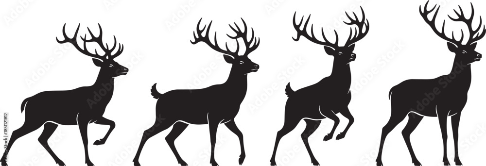 Obraz premium Running Deer Silhouette Set with Antlers in Different Poses Isolated on White Background