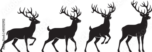 Running Deer Silhouette Set with Antlers in Different Poses Isolated on White Background