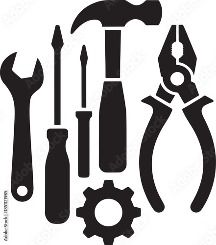 Mechanic Tools Icon Set | Wrench and Screwdriver Repair Symbols, Black and White Vector Illustration