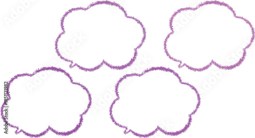 紫の少しずつ色が異なる吹き出しセット。雲の形のクレヨンで描かれたふきたし。かわいい手描き風。