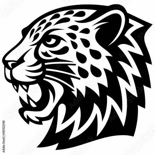 Bold graphic depiction of a fierce snarling big cat head, ideal for sports teams and emblem designs