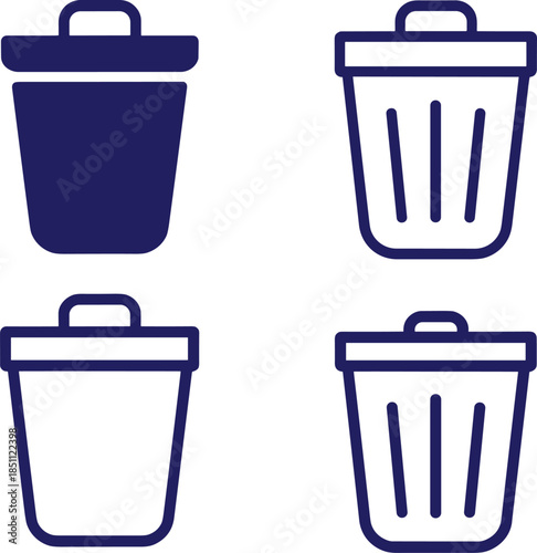 Trash can and recycle bin icon set in solid and outline styles, minimalist waste management vector symbols design