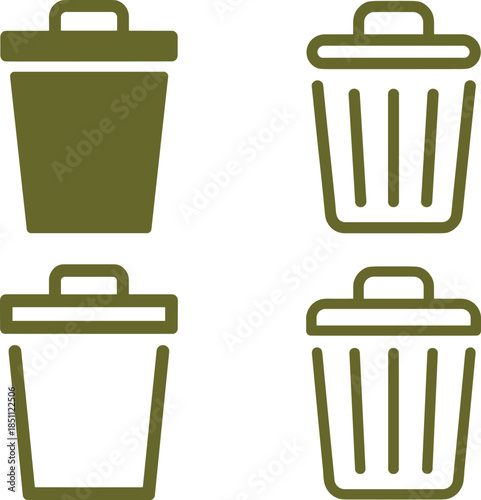 Trash can and recycle bin icon set in solid and outline styles, minimalist waste management vector symbols design