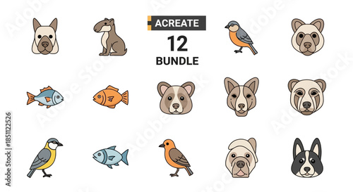 A collection of various animal illustrations including dogs, birds, fish, bears, and hippos, presented as a bundle of twelve distinct designs.
