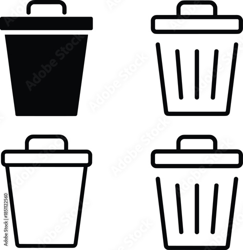 Trash can and recycle bin icon set in solid and outline styles, minimalist waste management vector symbols design