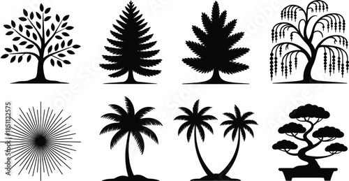 Minimalist black silhouette vector set of various tree species including oak, pine, palm, and bonsai for nature landscapes, forest branding, and environmental icons.