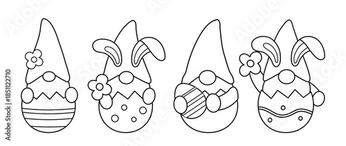 Easter Gnome sitting inside an eggshell.
Cute Easter Gnome Coloring Page and Template Set.
Spring Gnome Outline Vector Illustration for Kids.
White background.