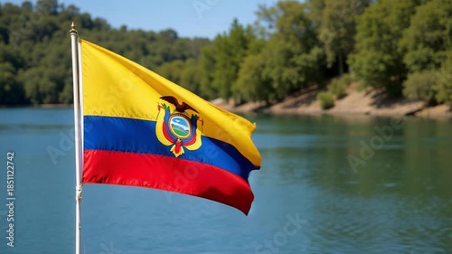 National flag of Ecuador rising softly near quiet lakeshore and mountains with water reflection realistic travel background 4K.