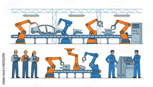 Automation production line with robots and engineers working