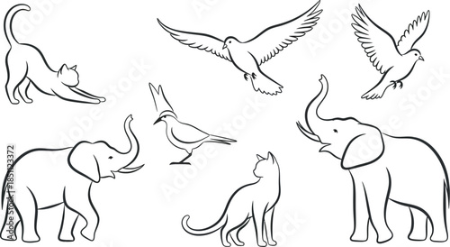 Collection of simple black outline drawings featuring various animals like elephants cats and doves in minimalist style