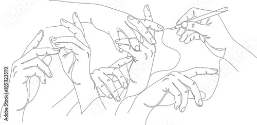 Minimalist continuous line art drawing featuring multiple hands gesturing and holding a pen in an abstract composition