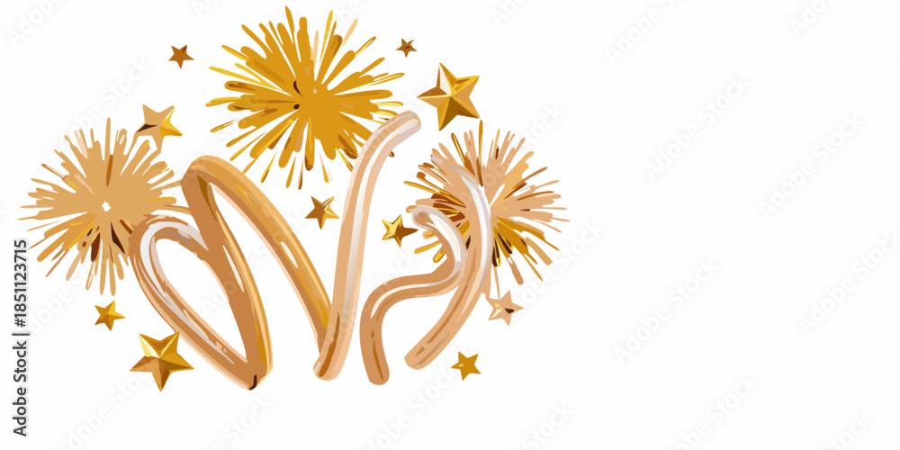 Fototapeta premium Golden fireworks stars and a stylized heart shape create a festive design