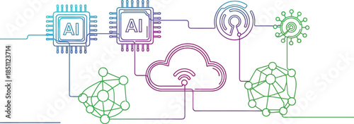 Outline illustration showing artificial intelligence chips connected to cloud computing and complex data network systems
