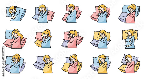 Collection of illustrations depicting pregnant women sleeping comfortably with pillows in various side positions.