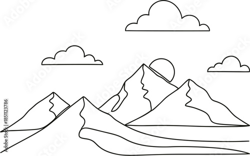 Minimalist black line art illustration of mountains with a rising sun and soft clouds against a cream background