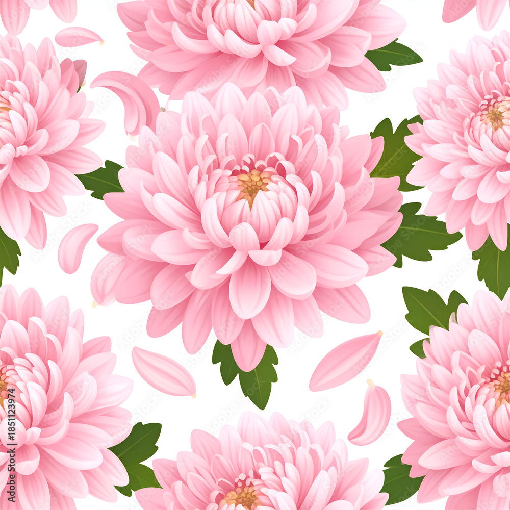 Fototapeta premium Elegant Chrysanthemums: A delightful seamless pattern of pink chrysanthemums and falling petals on a subtle, creating a sense of floral elegance and freshness.