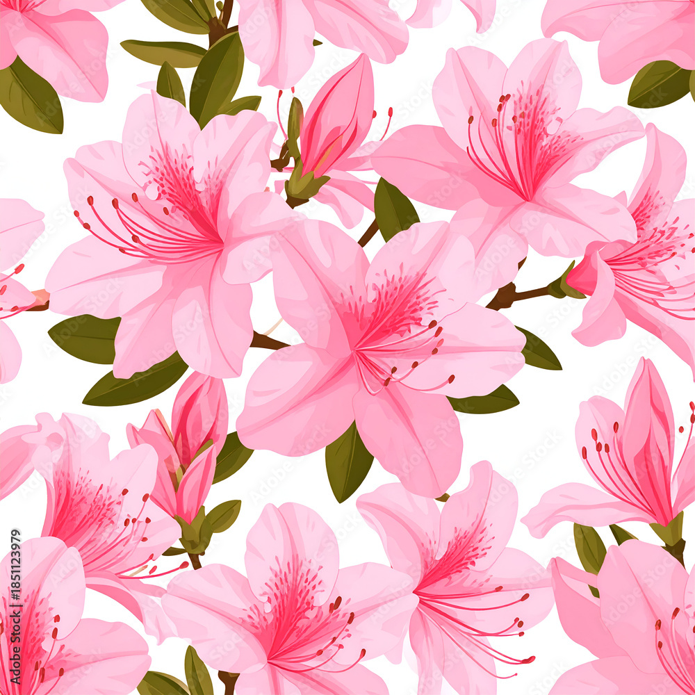 Fototapeta premium Blooming Azalea Pattern: A vibrant close-up showcasing a repeating pattern of delicate pink azalea blossoms in full bloom, accompanied by lush green leaves and budding flower buds.