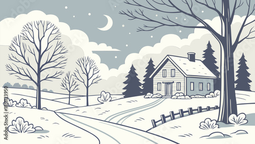 Monochrome Winter Landscape with Cozy Cabin, Snow-Covered Trees, and Crescent Moon