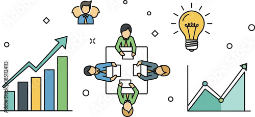 Business team collaboration brainstorming and analyzing upward trending graphs for successful project planning