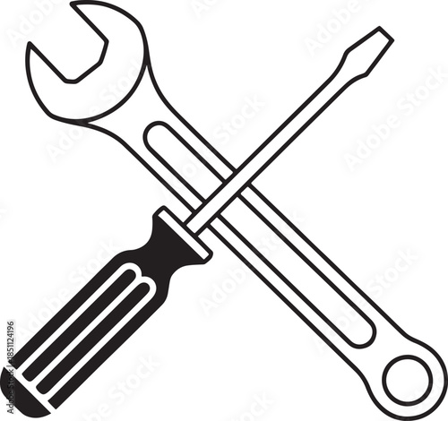 Mechanic Tools Icon Set | Wrench and Screwdriver Repair Symbols, Black and White Vector Illustration