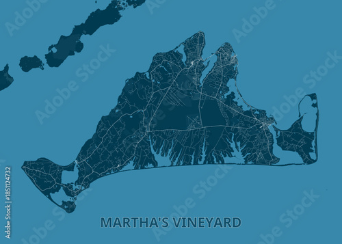 Map of Martha's Vineyard, rendered in shades of blue. The island's shape is clearly defined, with intricate details of roads and waterways visible.