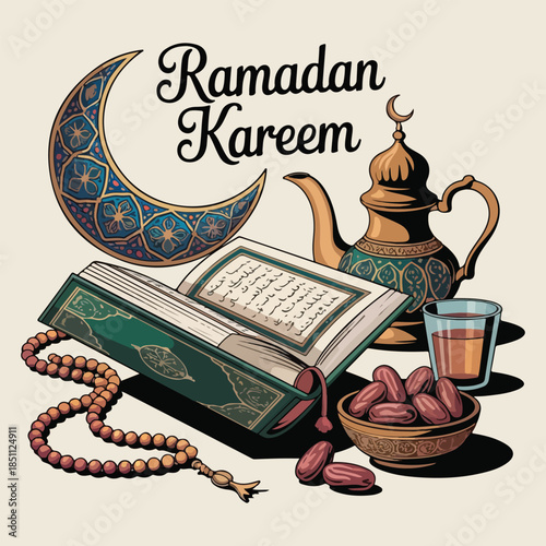 Print A serene islamic setup featuring the holy quran, prayer beads, dates, and traditional tea