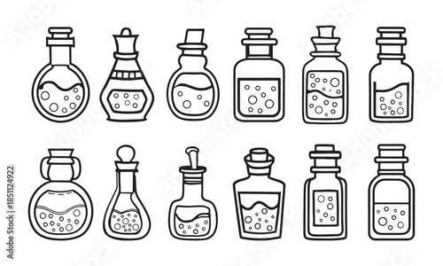 Magic Potion Bottles Outline Set Science Alchemy Vials Icons