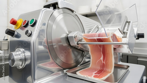 Close-up of a professional stainless steel meat slicer precisely cutting thin slices of cured ham in a commercial kitchen.
