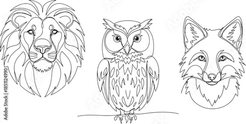 Minimalist continuous line art drawing collection featuring a majestic lion an owl and a cunning fox head