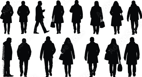Black silhouette vector of people walking and standing in winter clothing, coats and boots for lifestyle, fashion, and design content.