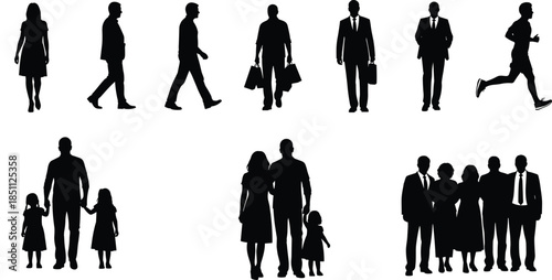 Black silhouette vector of diverse human figures in various poses and groupings for demographic, social, lifestyle, and design content.