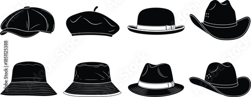 Black and white vector silhouettes of various hat styles including cowboy, fedora, beret, bucket, and bowler for fashion design.