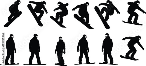 Black silhouette vector of snowboarder performing tricks and poses, winter sports action sequence for snowboarding technique and athletic motion design.