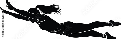 Silhouette of athletic woman leaping forward in dynamic pose, sports action vector for fitness, gymnastics, parkour, or diving design.
