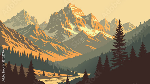 Grand Alpine Mountain Landscape with Golden Sunset Peaks and Evergreen Valley