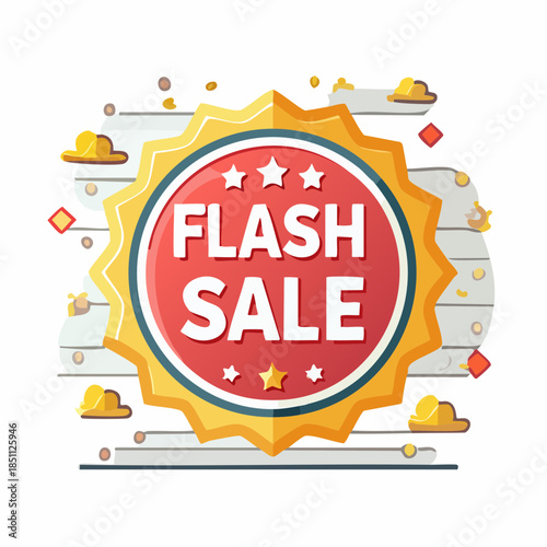 Vibrant 'Flash Sale' badge illustration in yellow and red, signaling urgent promotions and limited-time discount offers, designed to capture customer attention effectively