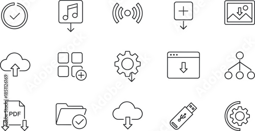 Digital file management icon set featuring cloud storage, download symbols, data transfer, PDF documents, USB drives, software settings, and synchronization.