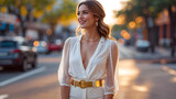 Portrait young woman standing street white blouse sheer sleeves gold belt loose waves blurred urban background smiling sunset warm light fashion generative AI