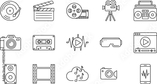 Multimedia entertainment icon set featuring movie production, music recording, photography gear, video streaming, audio equipment, film reels, and digital media tools.