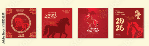 modern art Chinese New Year 2026 design set for social media post, cover, card, poster, banner. Set of Chinese New Year 2026 greeting cards in red and gold colors. Banners with horse zodiac symbol 