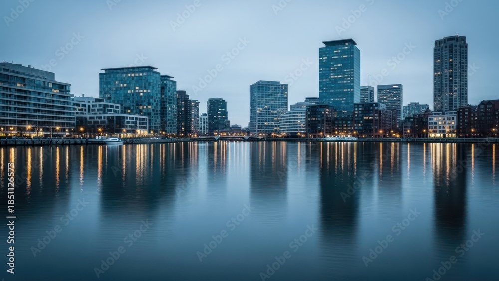 Obraz premium Modern city skyline reflected in calm water, dusk, lights illuminate buildings