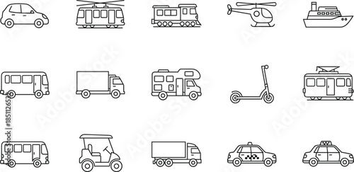 Transportation icon set featuring city cars, public buses, delivery trucks, trains, helicopters, passenger ships, electric scooters, and various commercial vehicles.