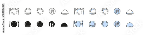 Plates and dishes with cutlery vector icon set in outline, filled, and blue colored styles. Tableware, dining, and food service design collection.