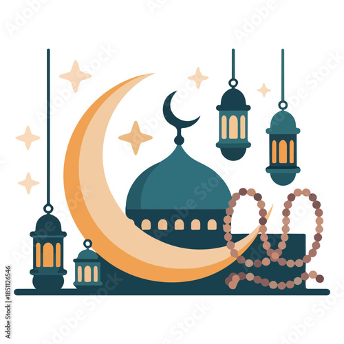Print A beautiful night sky with crescent moon, stars, and mosque silhouette adorned with hanging lanterns