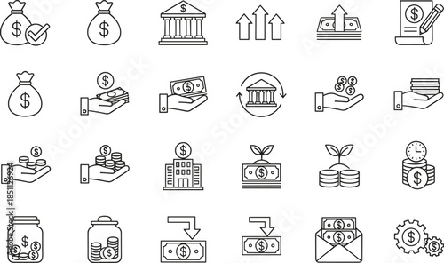 Comprehensive financial icon set featuring money growth, banking services, investment savings, cash flow management, profit increase, wealth accumulation, and business capital.