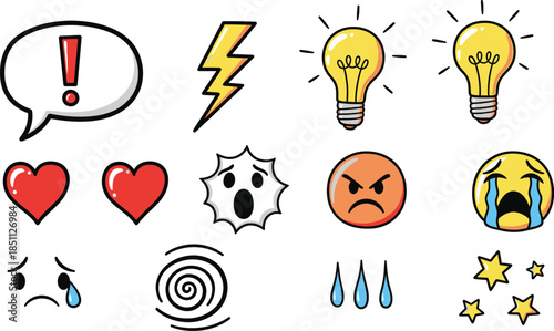 Collection of hand drawn cute cartoon characters with expressive faces representing various shapes and emotions on a white background