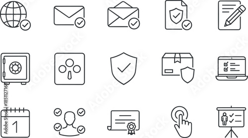 Comprehensive security icon set featuring verified protection symbols, data encryption, safety certification, secure mailing, professional validation, business compliance, and guaranteed reliability.