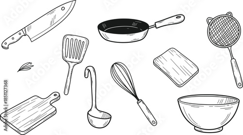 Black and White Line Art Assorted Kitchen Utensils, Coffee Maker, Teapots, Cookware, and Cups Illustration