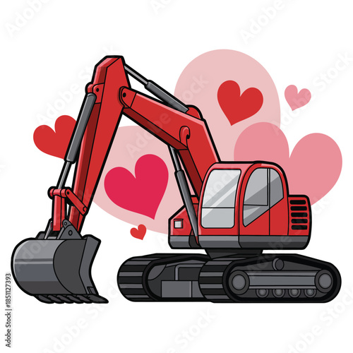 Cute Red Excavator with Hearts Romantic Construction Illustration