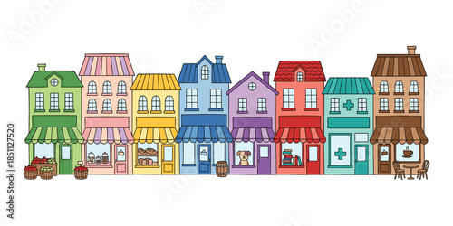 Colorful cartoon street with various shop buildings and stores